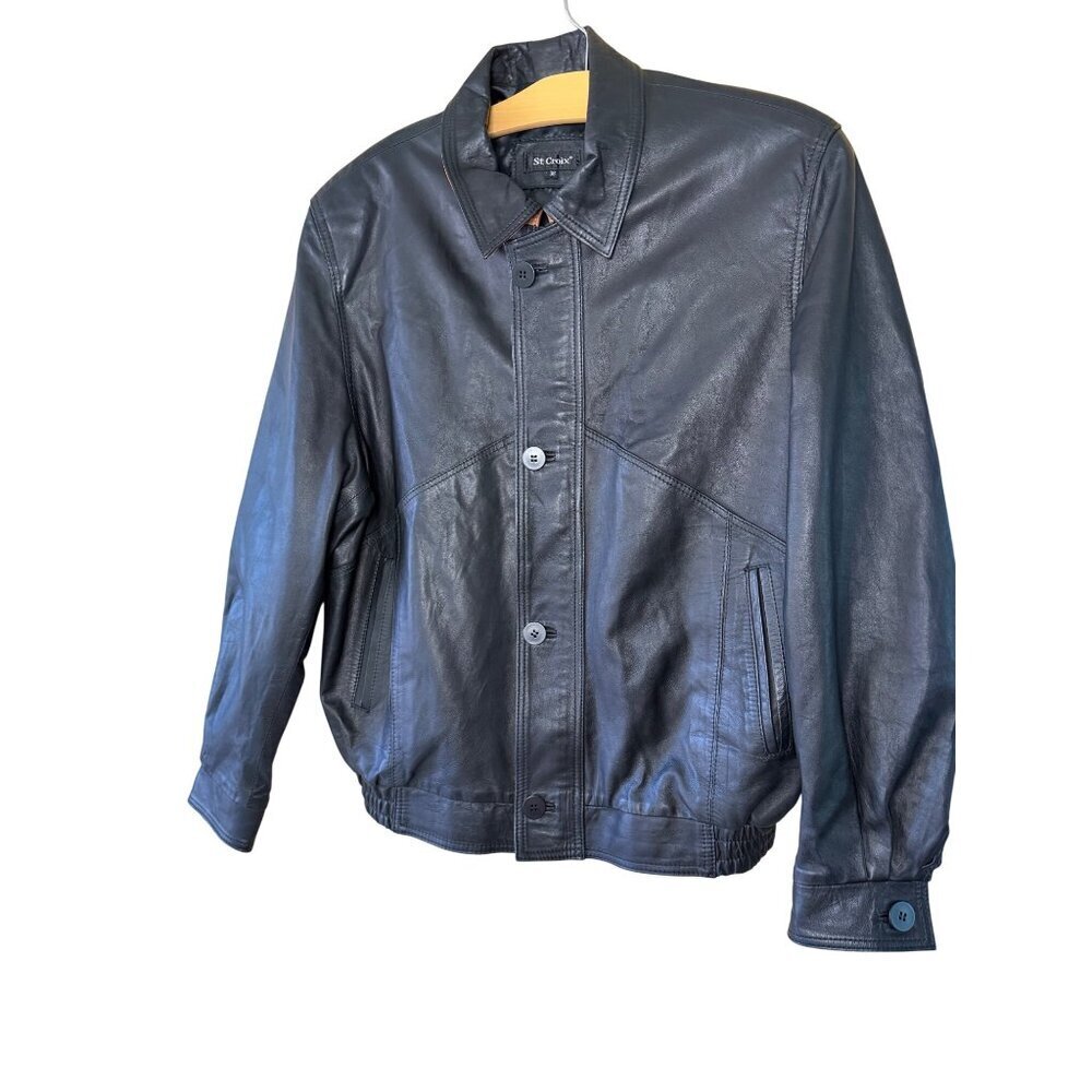 St. Croix Mens Size 38 Black Collared Side Pocket Lamb Leather Jacket Vintage